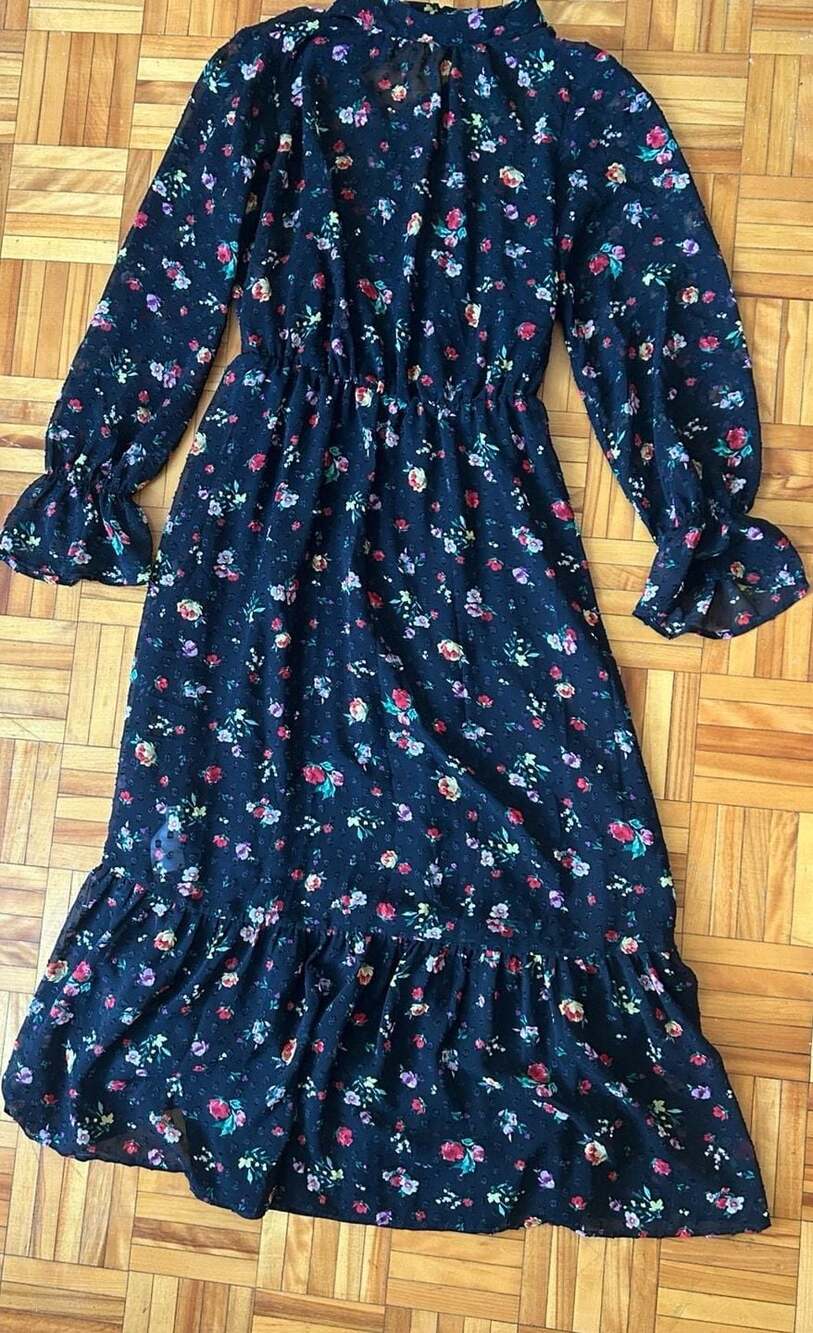 Banana Republic Black Floral Swiss Dot Chiffon Long Sleeve Midi Dress